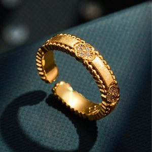 Four Leaf Clover <b>Open</b> <b>Ring</b> Gold Plated Adjustable Band Pave Setting Zirconium Inlay Unisex Jewelry Gift - Product Image 1