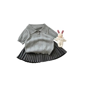 Tongxingyuan Girls' Knitted Polo Shirt And Pleated Skirt Set Grey Cotton Summer Outfit For Children - Product Image 5