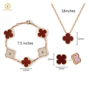 Schmuck-Zubehör Luxus Designer 925 Silber 18K Gold Plattiert Vierblättriges Kleeblatt Rot Achat-Armband Halskette Ohrringe-Set