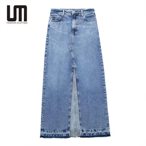 Liu Ming buena calidad nuevos productos 2024 mujeres moda Vintage cintura alta una línea larga Denim Split Midi faldas