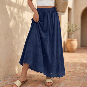 Jupe longue bohème évasée pour femme, taille élastique, broderie florale, en coton et bambou, respirante, longueur cheville, idéale pour l'été - Product Image 3