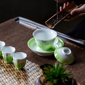 Chinese Style Green Bamboo Ceramic <b>Teacup</b> Flower Shaped Rim Hand Painted Porcelain Cup For Home Use Afternoon Tea - Product Image 3