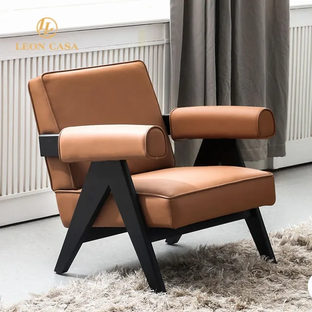 Silla de cuero con reposabrazos de madera para sala de estar, sillón de ocio con marco de madera, gran oferta