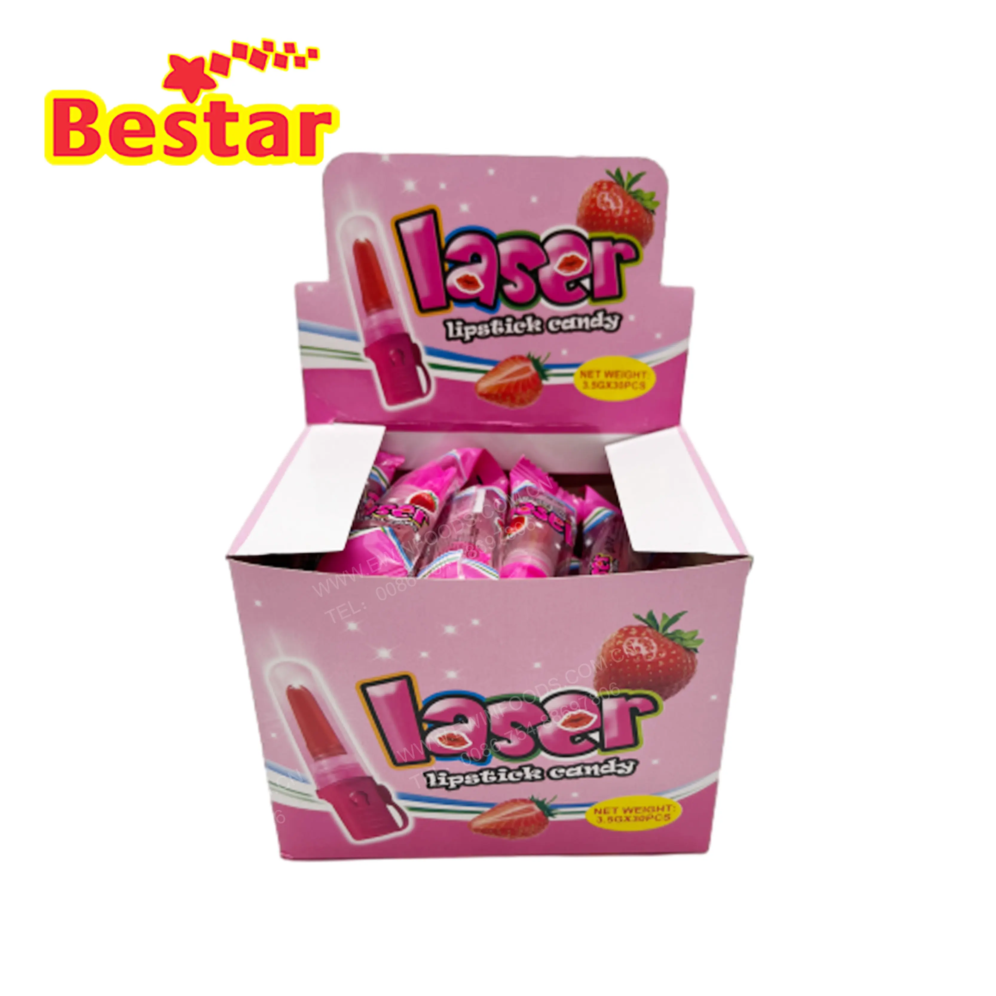 Venta al por mayor lápiz labial láser piruleta caramelo lápiz labial pop caramelo duro flash lápiz labial caramelo para niños