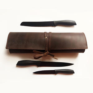 Outdoor Brown Pu Leather Knife <strong>Tool</strong> <strong>Roll</strong> up Bag Tableware Knife Organizer - Product Image 1