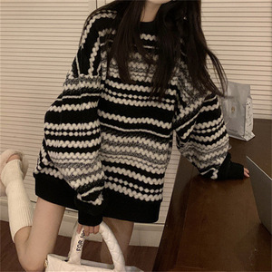 Women's Vintage Striped Pullover Loose Mid-Length <strong>Knitted</strong> Top <strong>Big</strong> <strong>Sweater</strong> for Spring Autumn Winter-Lazy Style - Product Image 1