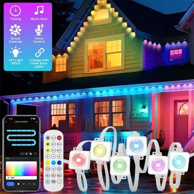 200FT 120LED Permanent Outdoor Eaves LED Lights Waterproof RGB String Lights DIY Scene Christmas Birthday Holiday Party Lighting
