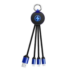 Gepersonaliseerde 3 In 1 Oplaadkabel Custom Led Logo Aangepaste Sleutelhanger Logo Premium Kwaliteit Reclame Promotie Relatiegeschenk