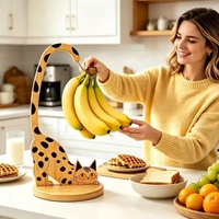 Kattenvormige bamboe haak, enkelvoudige multifunctionele bananenhouder, fruit- en groentehouder voor aanrechtblad, hangende opbergrek