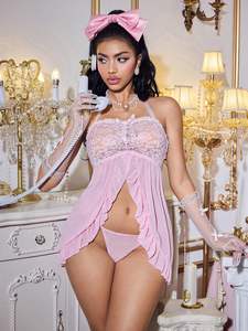 Top Corto Sexy con Encaje Rosa, Hombros Descubiertos, Tirantes Finos, Escote en V, Largo hasta la Rodilla, Ropa Exterior para Mujer - Product Image 6