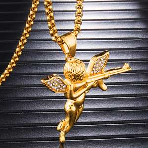 Collar de Cadena Cubana con Colgante de Ángel en Acero Inoxidable Dorado, Estilo Hip-hop <span class=keywords><strong>Rock</strong></span>, Guerra y Paz - Product Image 2