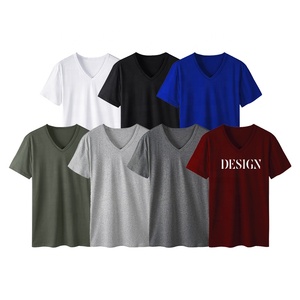 Camiseta al por mayor unisex con logo personalizado, cuello en V, manga corta, corte regular, algodón grueso, informal, estampada en serigrafía, lisa. - Product Image 2