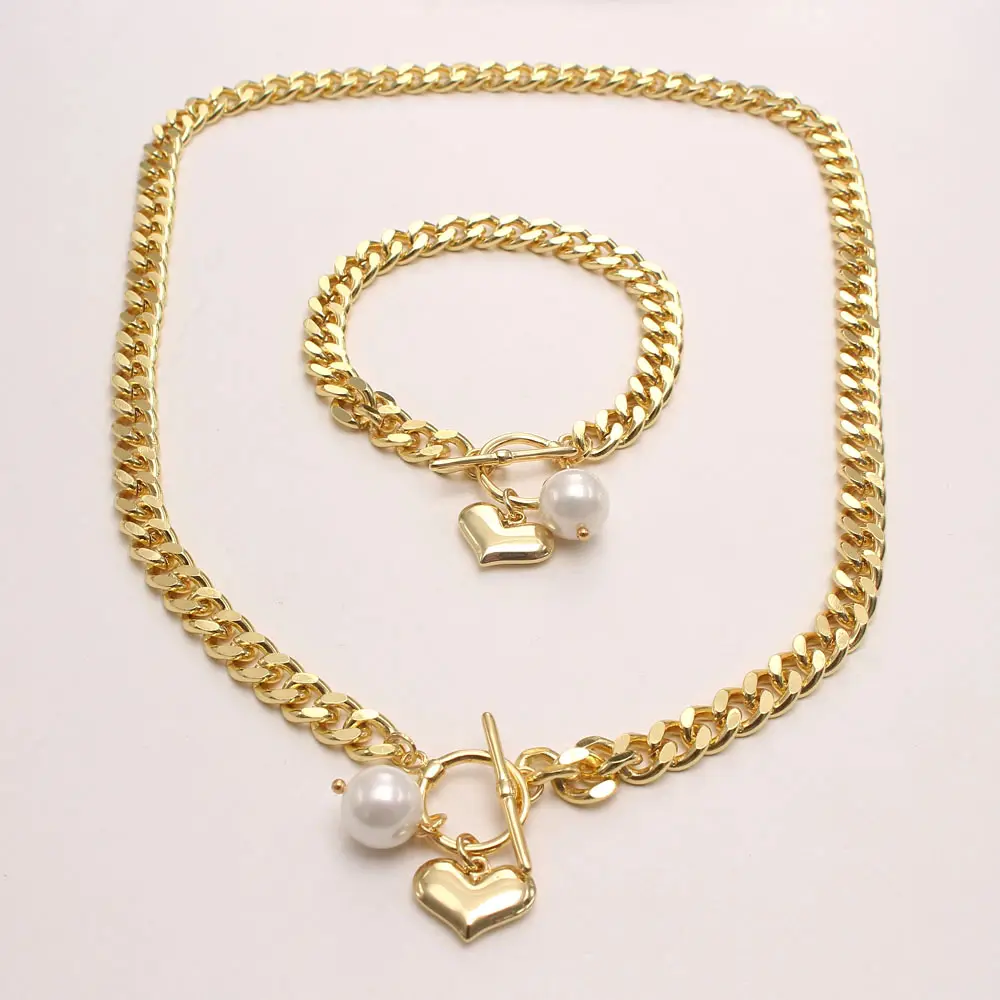 Newest Hip Hop Chunky Cuban Link Chain Necklace Bracelet Women Jewelry Set With Zircon Charm Shell Pearl Heart Pendant Necklace