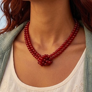 Collar de Cuentas Redondas Rojas de Varias Capas, Cuentas de Vidrio, Colgante, Joyería Vintage Boho para Mujer, para Fiestas o Uso Diario - Product Image 1