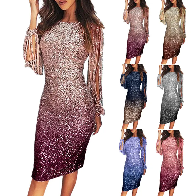 Women Ladies Long Sleeve Party Maxi Sequin Maxi Dress Evening Dress Sequined Gala Dress Party Wear Gowns For Lady