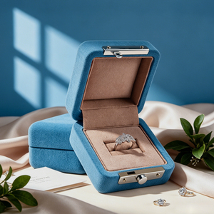 JINSKY Custom Logo Luxury Blue Velvet Jewelry <b>Box</b> Snap Closure Elegant <b>Gift</b> Packaging for Rings Necklaces Pendants - Product Image 4