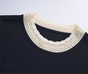 Atasan Rajut Wanita Kerah Renda Putih Kontras, Sweater Lengan Panjang Berbahan Mesh Motif Bunga Dengan Sabuk Berhias Berlian Imitasi Kamelia, Blus Rajut Elegan Untuk Wanita - Product Image 5
