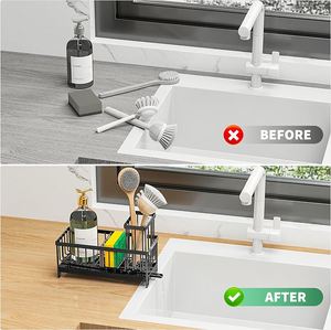 Support de rangement noir pour évier de cuisine et salle de bain, avec panier égouttoir pour savon et éponge - Product Image 4