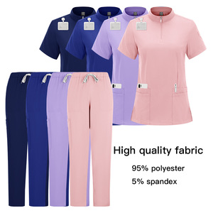 Women Scrub <b>Set</b> Short Sleeve Stand Collar Zipper Medical Workwear Uniform For Nurses And Beauty Salon Staff - Product Image 1