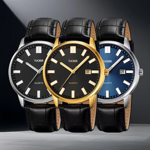 TUCKER Top Brand Men's Quartz Watch 43mm Alloy Case Glass Pointer Display Fashion Business Classic Waterproof Leather Strap 3BAR