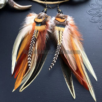 Boucles d'oreilles créoles pendantes personnalisables en gros, style bohème vintage fait main, avec longues pampilles et plumes véritables, pour femmes