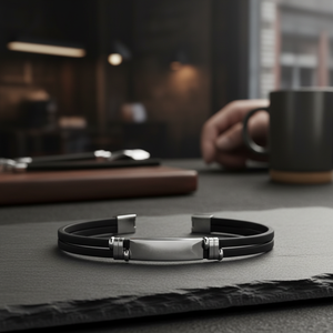 Bracciale con doppio nastro nero e acciaio, elegante e alla moda - Product Image 3