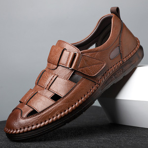 Sandalias Planas con Punta Cerrada, Parte Superior de Cuero Genuino, Suela de Goma, Transpirables, con Cierre de Velcro, Zapatos Casuales de Verano para Hombre - Product Image 1