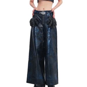 Pantalones Anchos Azules de Piel de Serpiente Personalizados al por Mayor, de Cintura Alta, Transpirables y Elegantes, Estilo Hip Hop, Pantalones de Cuero para Hombre - Product Image 1