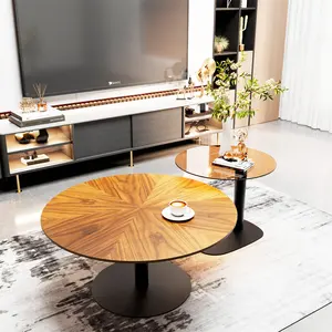 Modern Living Room Circle Nesting Coffee Table Tea with Round Wood Grain Tabletop Brown Glass End Side Table