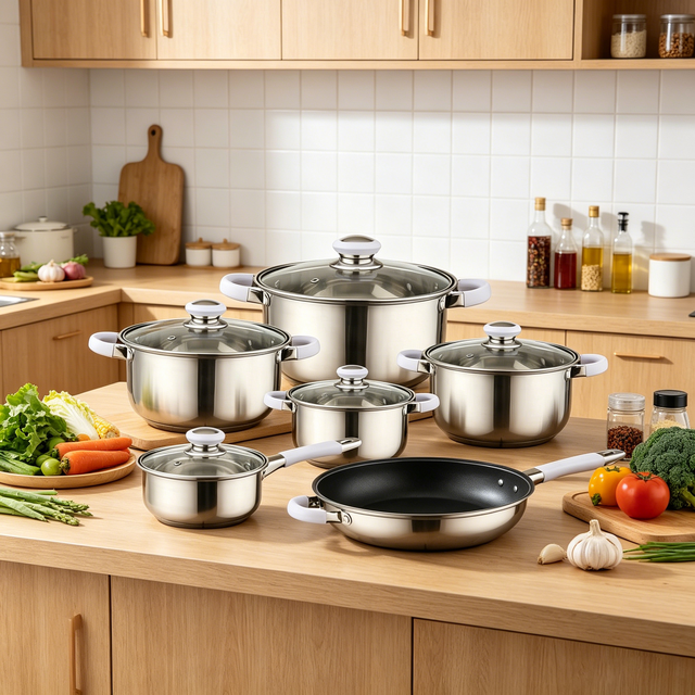 12-Piece Kitchen Cookware Cooking Pot Set and Pans Stainless Steel Cookware Set Sauce Pan Casserole Set With Handle
