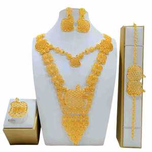 <b>Flower</b> Jewelry Set 22k Gold Plated Link Chain Women's Wedding Ethnic Necklace Earrings <b>Bracelet</b> Ring Set - Product Image 3