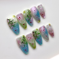 Lot de 10 faux ongles faits main de haute qualité, motif feuilles de saule et fleurs de pêcher peintes à la main, pour femmes