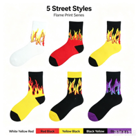 Chaussettes en coton jacquard unisexe à motif flamme, style street punk, personnalisables avec logo OEM, vente en gros