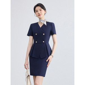 Women's Black V-Neck Double-Breasted Blazer Skirt Set Short Sleeve Formal Workwear Commute Anti-Wrinkle Worsted Fabric - Product Image 5