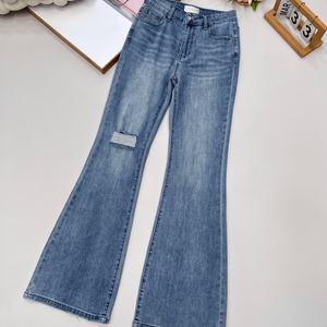 2026 NEW Ladies High Rise Flare Denim <b>Pants</b> with Knee Cutout Detail Classic Five Pocket Style - Product Image 1