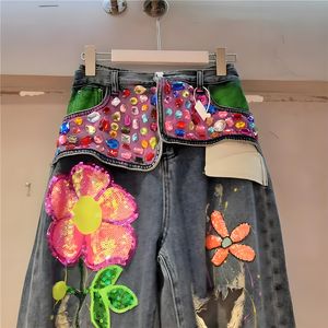 Jeans taille haute uniques et élégants, décorations colorées, bijoux incrustés, paillettes, jeans déchirés, jeans <span class=keywords><strong>de</strong></span> rue, pantalon droit pour femmes - Product Image 5