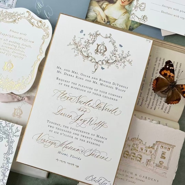 High End Custom Luxury Wedding Invitation Suite Envelope Using Precision Die Cut Shapes and Multi Color Foil Stamping