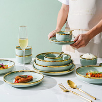 Ensemble de vaisselle en porcelaine vert clair de style rétro pour 4 utilisateurs, assiette à dessert et salade, bols et cuillères, ensemble de vaisselle en céramique