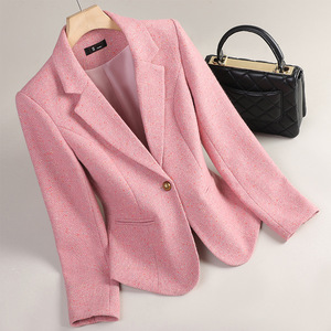 Pink Wool Blazer Women Houndstooth Pattern Single Button Casual Suit Jacket Spring Autumn Wear - Product Image 1