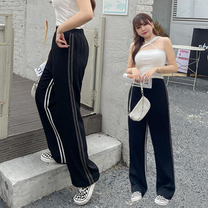 Pantalon large taille haute élastique color block longueur ras du sol grande taille N8300 - Product Image 4