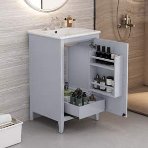 DB 20.3\" Luxurious Bathroom Vanity with Soft-Closing Door <b>Grey</b> Features Ceramic Basin Functional Drawer Bath <b>Mirror</b> - Product Image 4