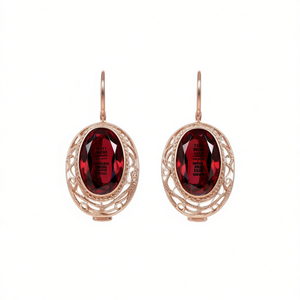 Orecchini Pendenti Ovali in Granato Oro Rosa con Incassatura a Castone, Gioielli Classici da Sposa da Donna - Product Image 1