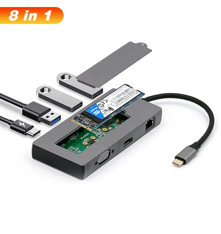 En çok satan m.2 ssd durumda vga hdmi 8 in 1 port usb c c hub çok fonksiyonlu tip c macbook adaptörü