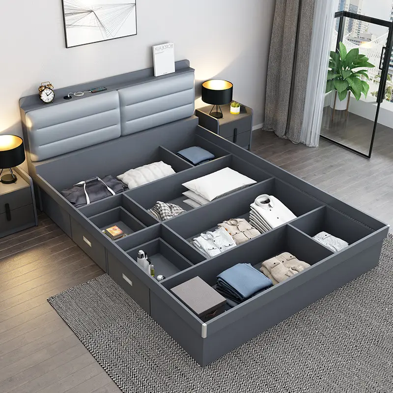 スタイリッシュな寝室の家具のためのアンダーベッド収納付きのモダンなデザインの無垢材ベッド