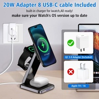 Chargeur sans fil rapide 15W/10W, station de charge magnétique 3-en-1, support de bureau pliable en alliage d'aluminium, montre intelligente, téléphone, noir