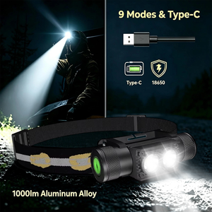 Powerful 1000lm <b>LED</b> Headlamp 9 Modes Type-C <b>Rechargeable</b> 18650 Head Torch for Running Camping Mining & Industrial <b>Work</b> - Product Image 1