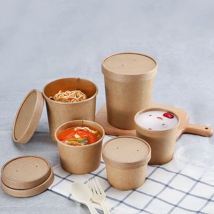 Biyobozunur kağıt bardak özelleştirilmiş kraft/beyaz sıcak çorba bardağı gitmek için tek kullanımlık kağıt kap paket servisi olan restoran sıcak çorba kasesi kupası satılık