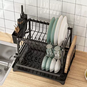 Égouttoir à vaisselle en métal à 2 niveaux pour cuisine, organisateur de tasses, bols et assiettes avec <span class=keywords><strong>support</strong></span> pour couteaux et planche à découper - Product Image 2