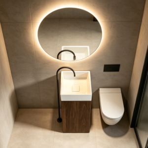 Mueble de Baño <span class=keywords><strong>con</strong></span> Lavabo de Cerámica y <span class=keywords><strong>Pedestal</strong></span> de Almacenamiento, Estilo Nórdico, <span class=keywords><strong>con</strong></span> Acabado en Madera de Nogal - Product Image 6