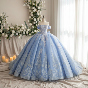 Blue Princess Gown - Ball Gown with Beading & V-Neck